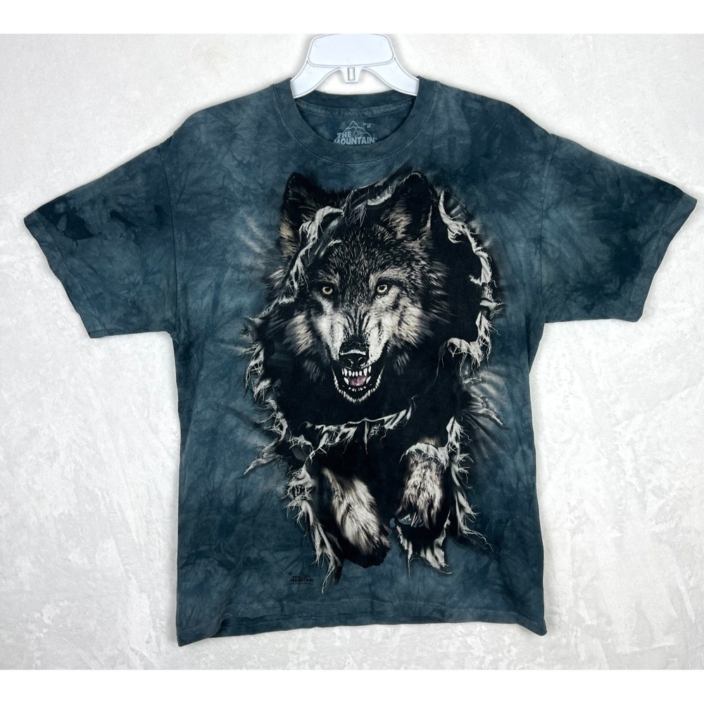 Vintage The Mountain T Shirt Mens Medium Blue Running Wolf Short Sleeve Crewneck